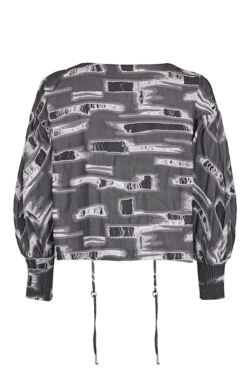 NOEN Frayed Print Statement Sleeve Top Grey