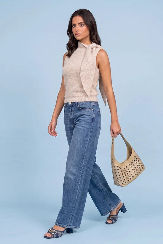 Boucle Sleeveless Sweater With Scarf Cream