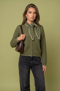 Wool Blend Scarf Cardigan Olive/Cream