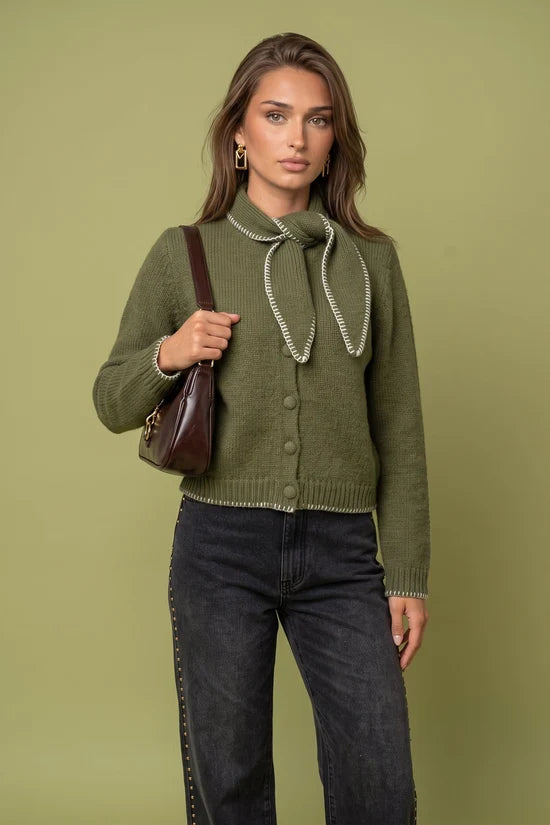 Wool Blend Scarf Cardigan Olive/Cream
