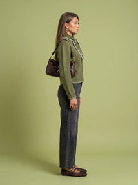 Wool Blend Scarf Cardigan Olive/Cream