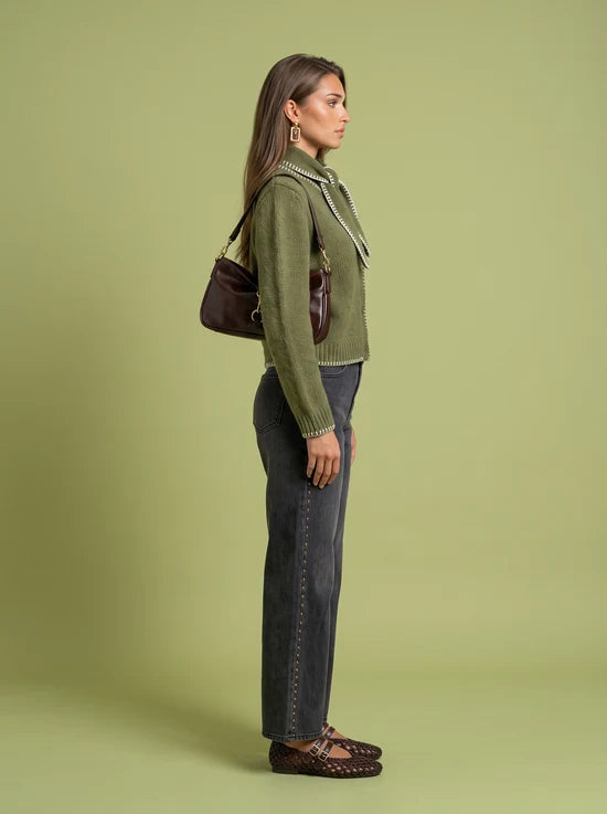 Wool Blend Scarf Cardigan Olive/Cream