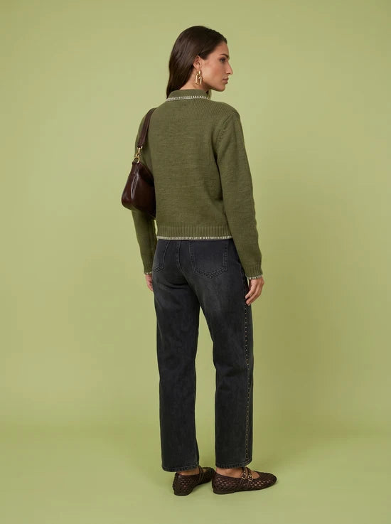 Wool Blend Scarf Cardigan Olive/Cream