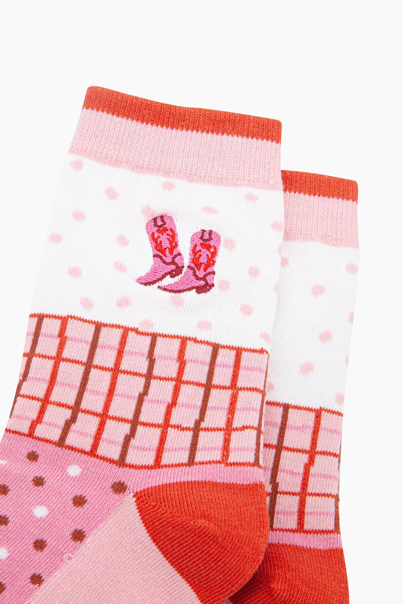 Cowgirl Print Cotton Socks Pink/Orange