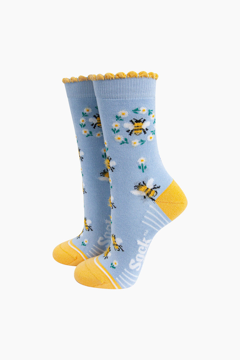 Busy Bee Print Bamboo Socks Blue/Yellow