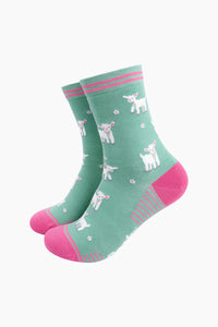 Spring Lamb Print Bamboo Socks Green/Pink