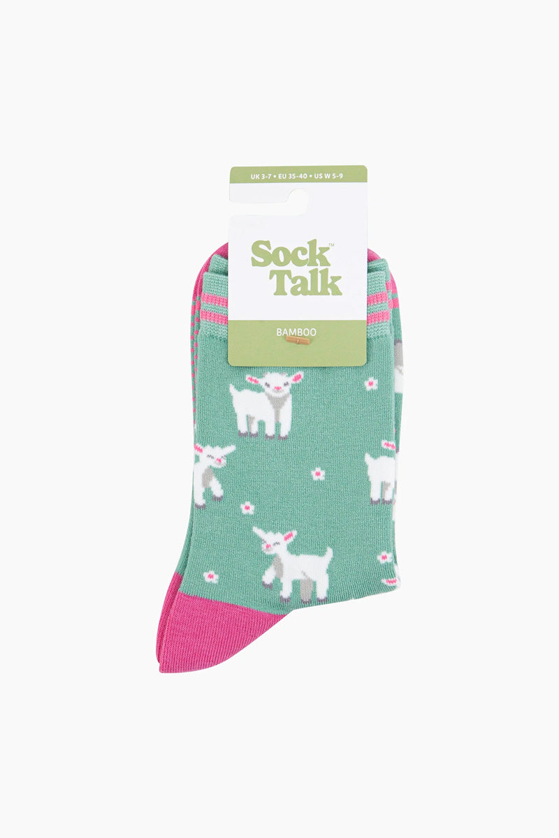 Spring Lamb Print Bamboo Socks Green/Pink