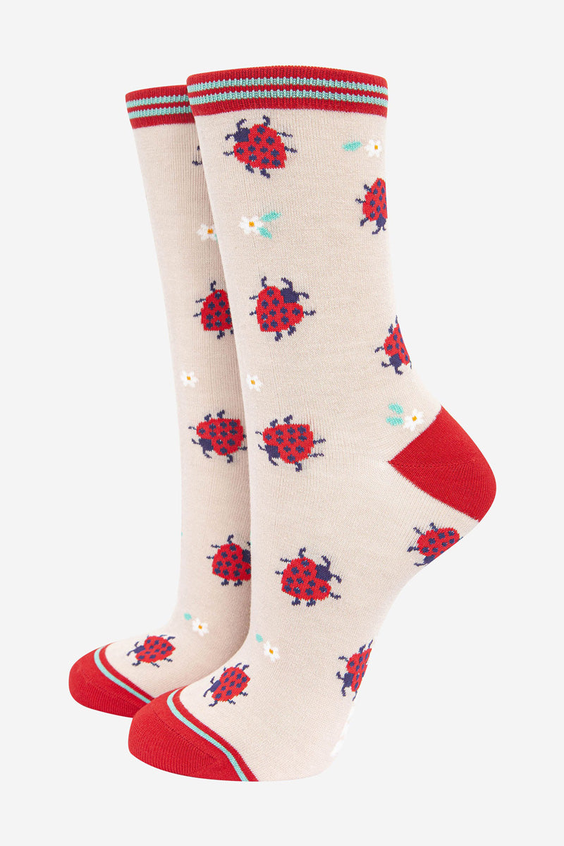 Ladybird Print Bamboo Socks Red/Stone
