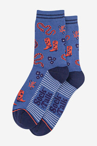 Cowboy Print Bamboo Socks Denim/Orange