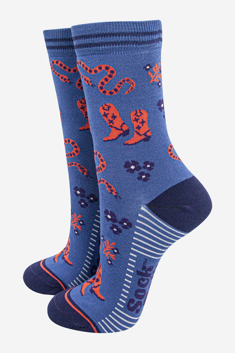 Cowboy Print Bamboo Socks Denim/Orange