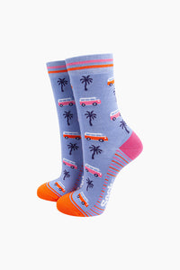 Camper Van Print Bamboo Socks Chambray/Pink