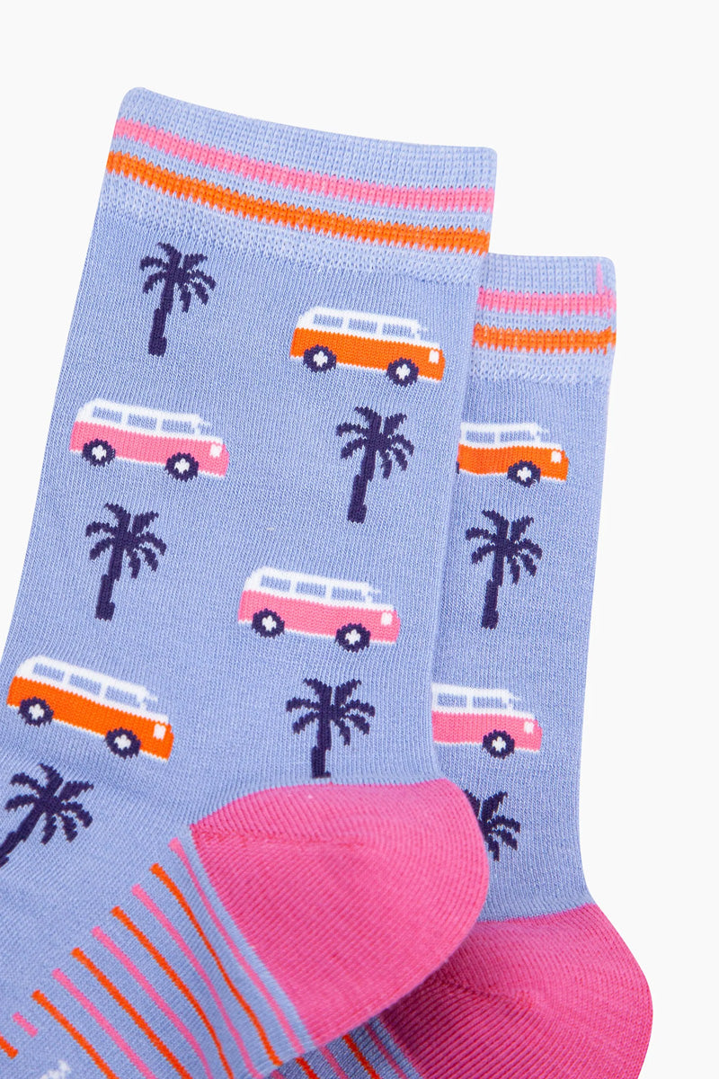 Camper Van Print Bamboo Socks Chambray/Pink