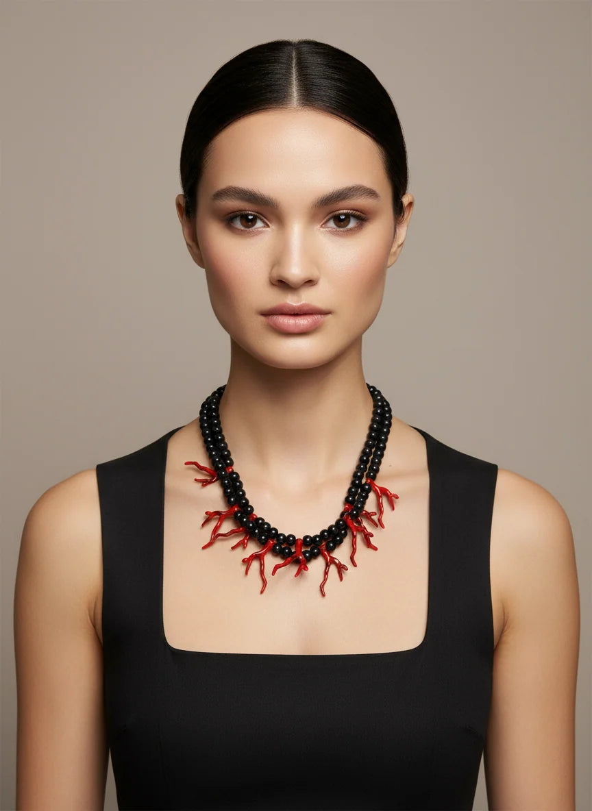 GIST Double Strand Necklace Red Coral/Black