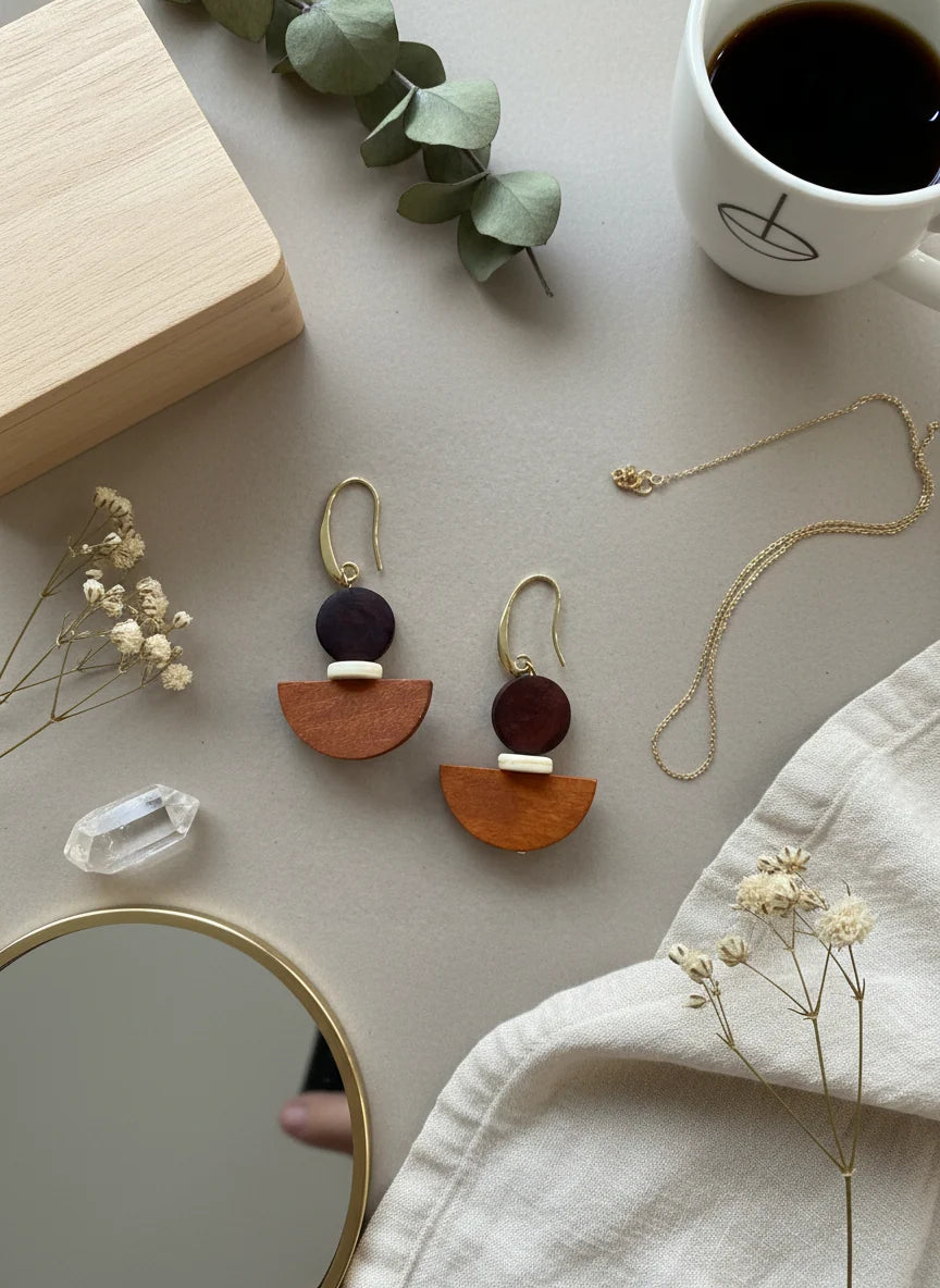 GIST Painted Wood & Hematite Drop Earrings Chocolate/Orange