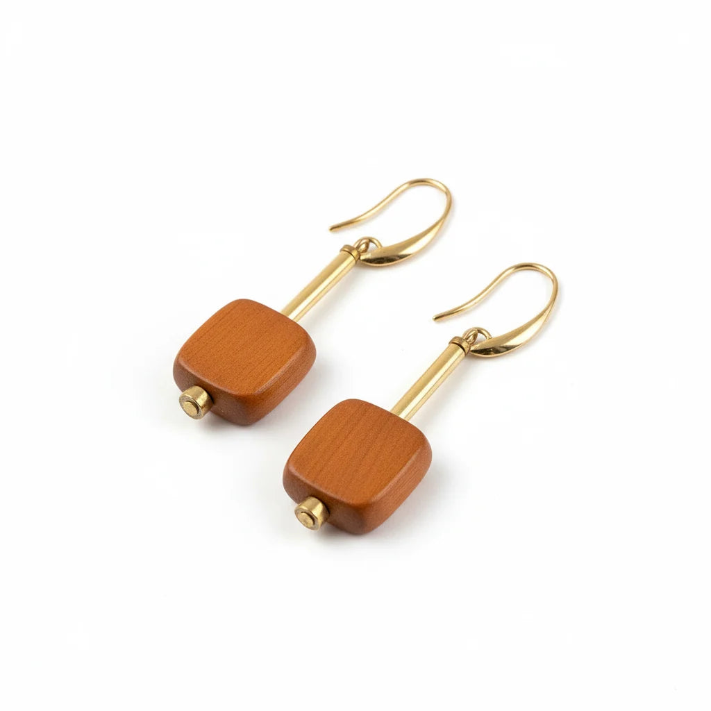 GIST Retro Wood Square Drop Earrings Rust
