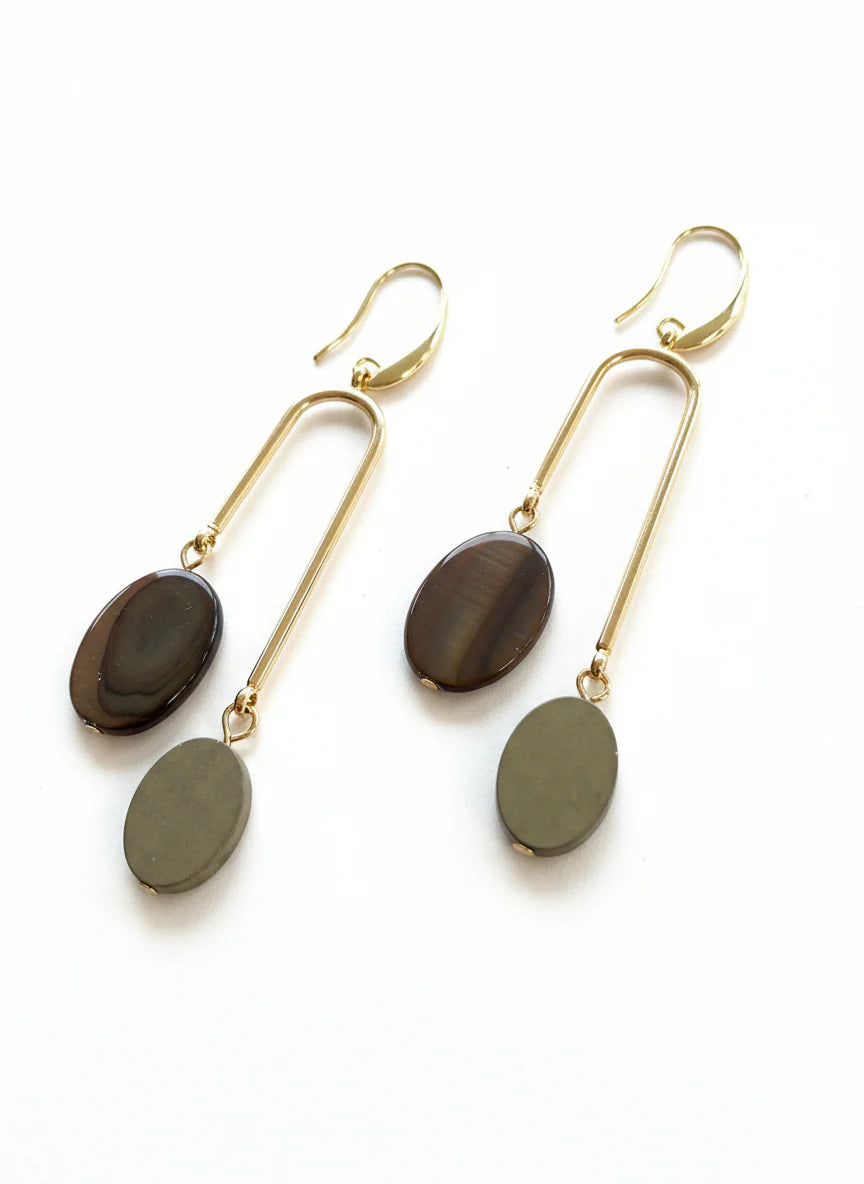 GIST Shell & Hematite Drop Earrings Gold/Olive