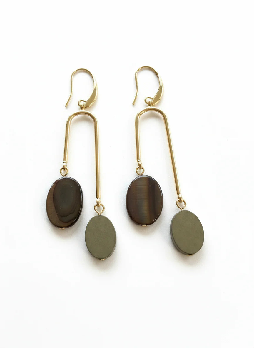 GIST Shell & Hematite Drop Earrings Gold/Olive