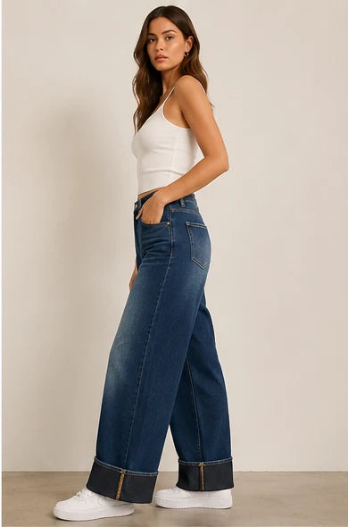 PINNS Wide Leg Turn Up Jeans Dark Denim