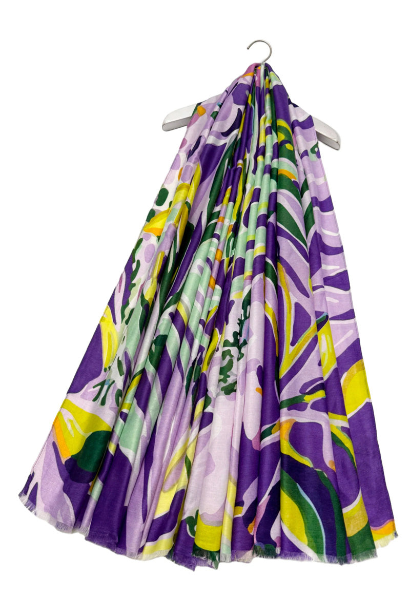 Tropical Leaf Print Scarf Green/Purple