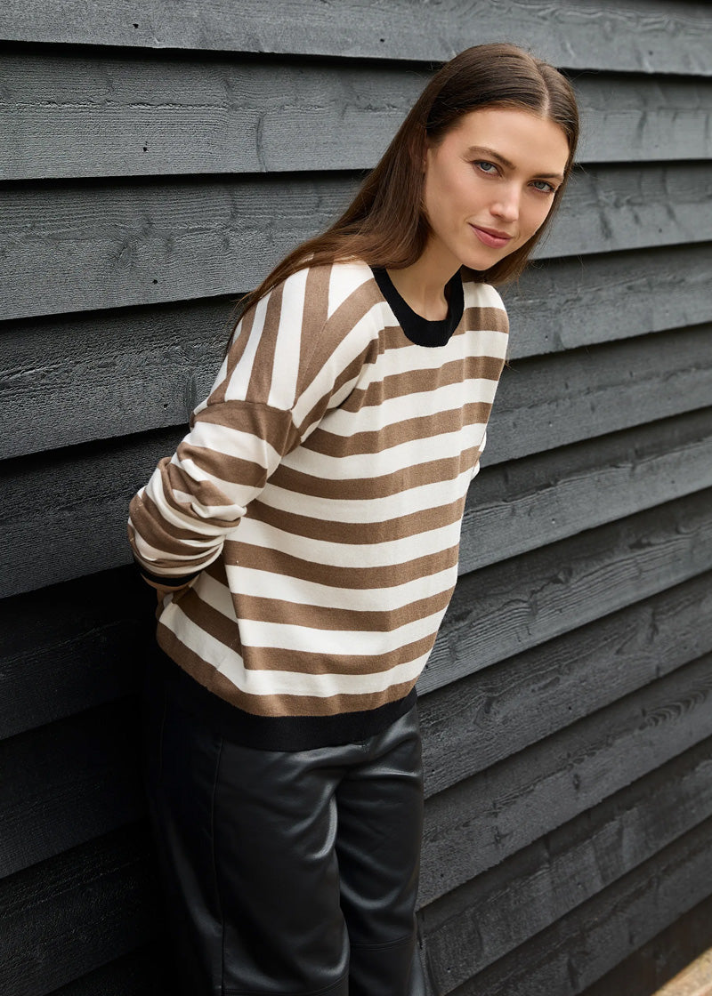 DREAMS Fine Knit Striped Sweater Mink/Ivory