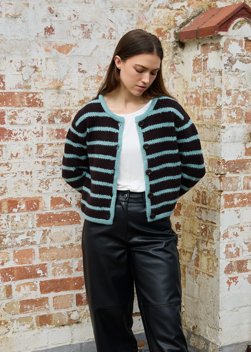 DREAMS Striped Cardigan Chocolate/Duck Egg