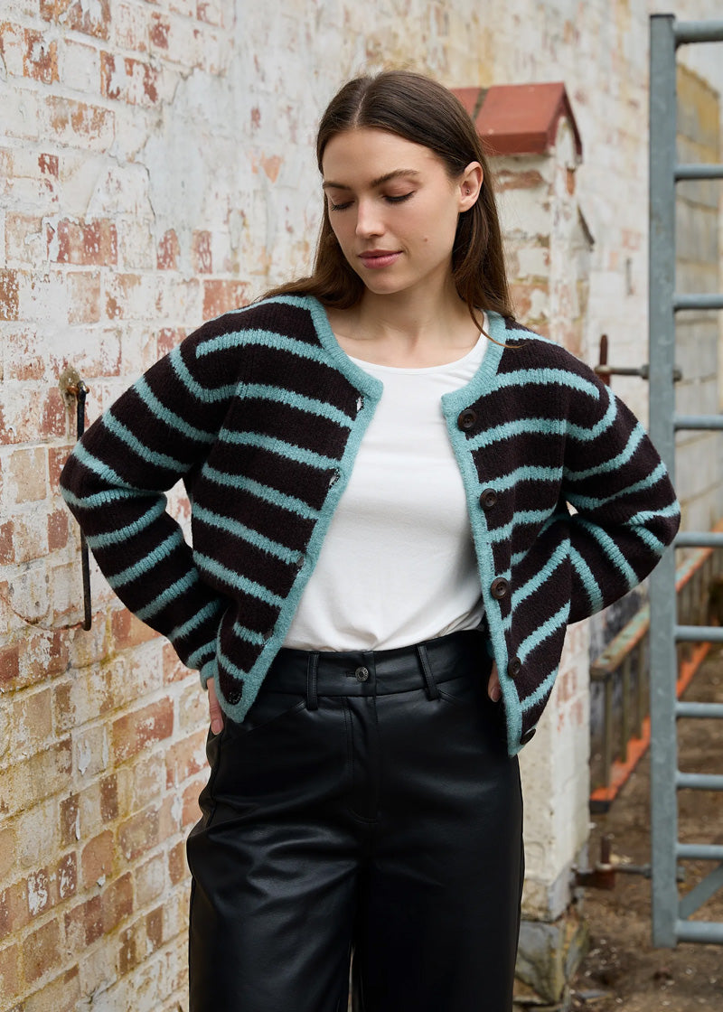 DREAMS Striped Cardigan Chocolate/Duck Egg