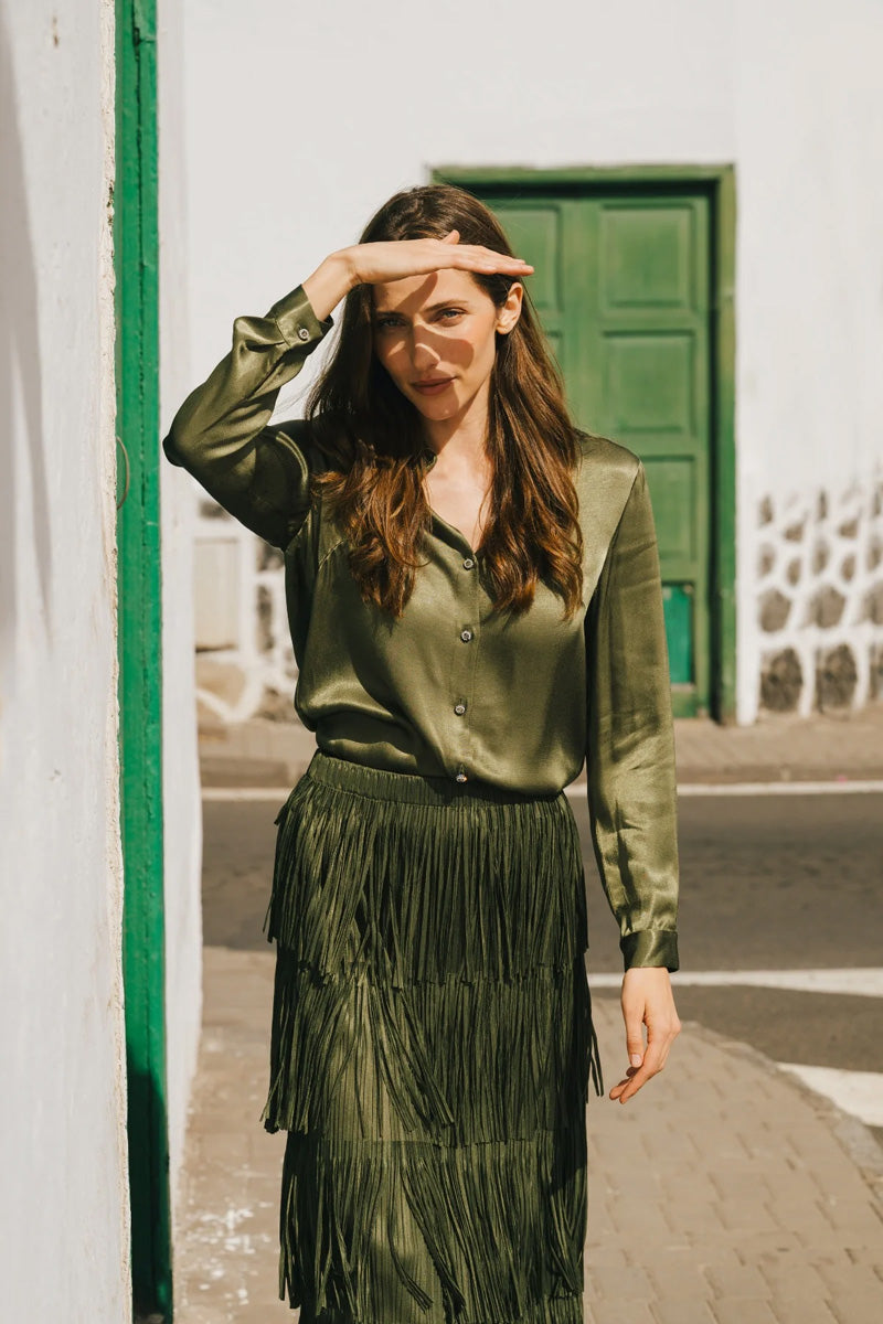 TRAFFIC PEOPLE Gracie Fringed Skirt Green