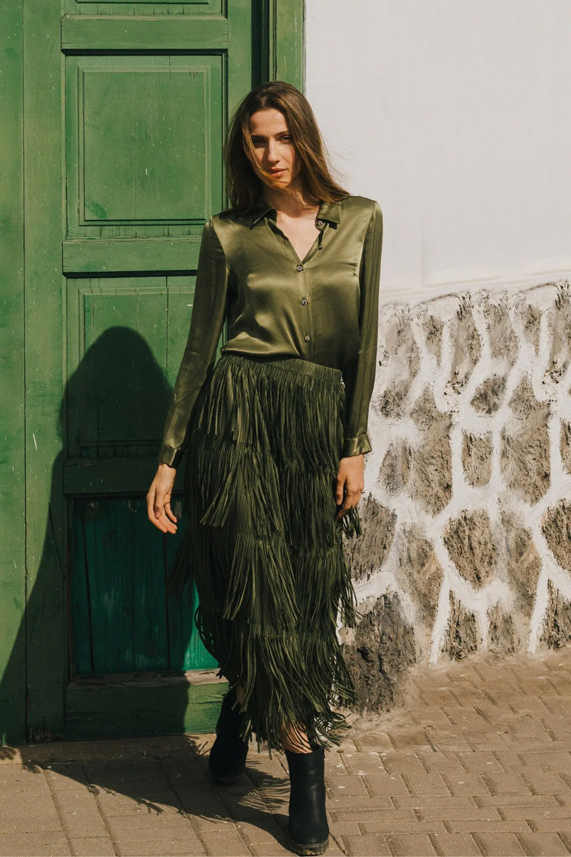 TRAFFIC PEOPLE Gracie Fringed Skirt Green
