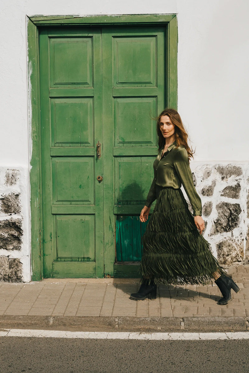 TRAFFIC PEOPLE Gracie Fringed Skirt Green