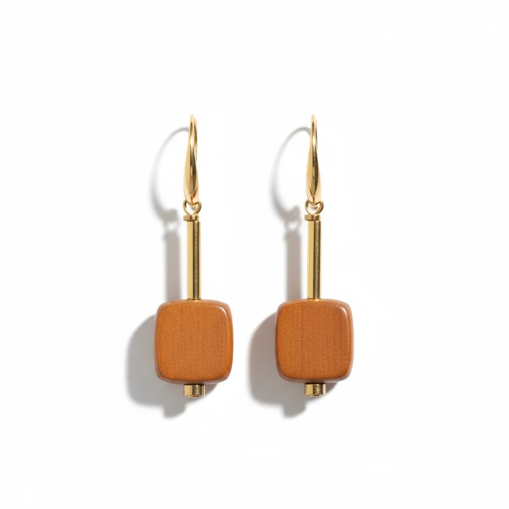 GIST Retro Wood Square Drop Earrings Rust
