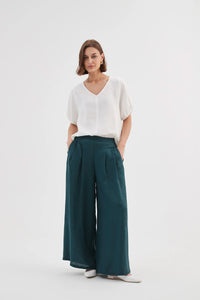 TIRELLI Pleat Front Palazzo Linen Trousers Marine