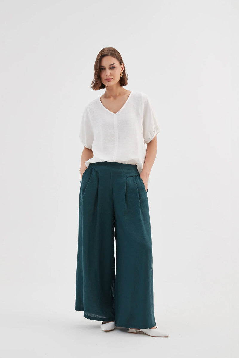 TIRELLI Pleat Front Palazzo Linen Trousers Marine