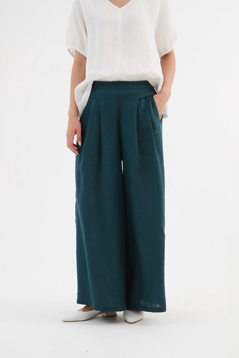 TIRELLI Pleat Front Palazzo Linen Trousers Marine