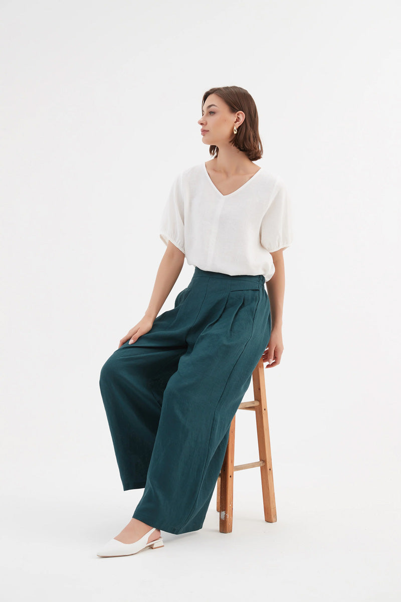 TIRELLI Pleat Front Palazzo Linen Trousers Marine
