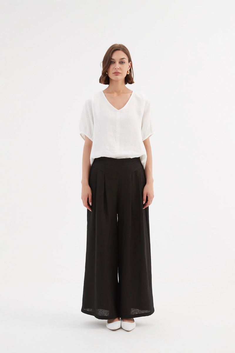 TIRELLI Pleat Front Palazzo Linen Trousers Black