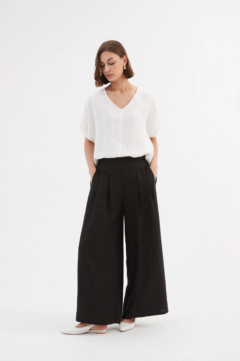 TIRELLI Pleat Front Palazzo Linen Trousers Black