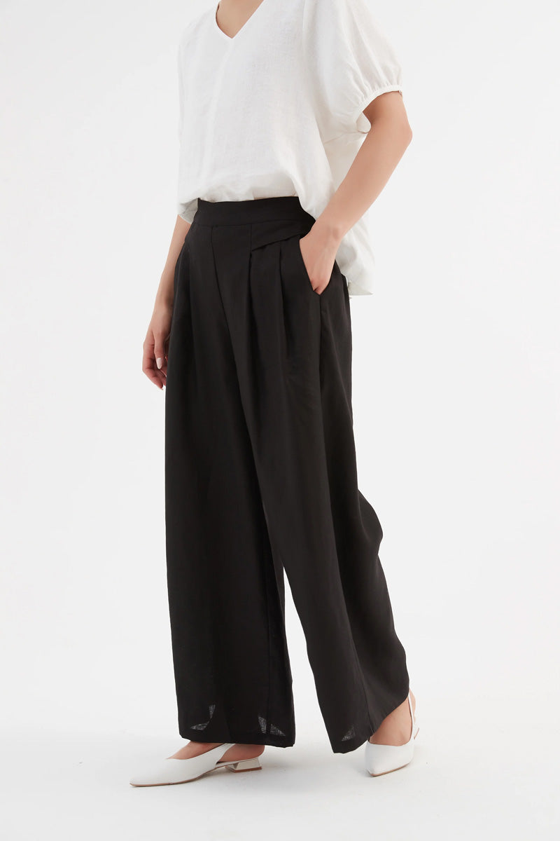 TIRELLI Pleat Front Palazzo Linen Trousers Black