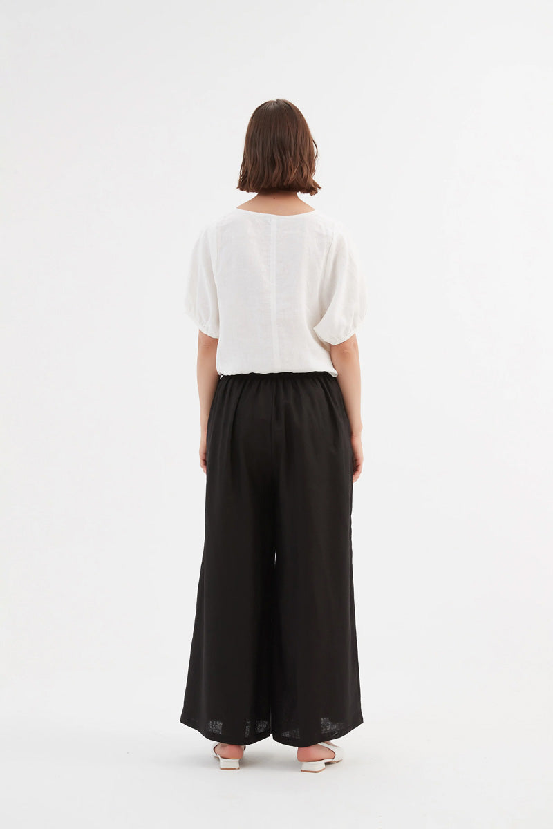 TIRELLI Pleat Front Palazzo Linen Trousers Black