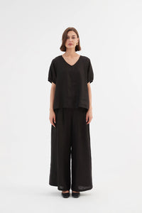 TIRELLI Pleat Front Palazzo Linen Trousers Black