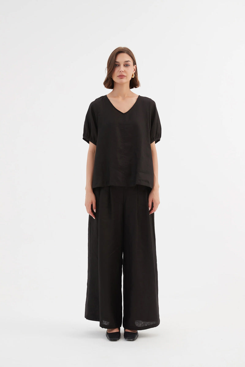 TIRELLI Pleat Front Palazzo Linen Trousers Black
