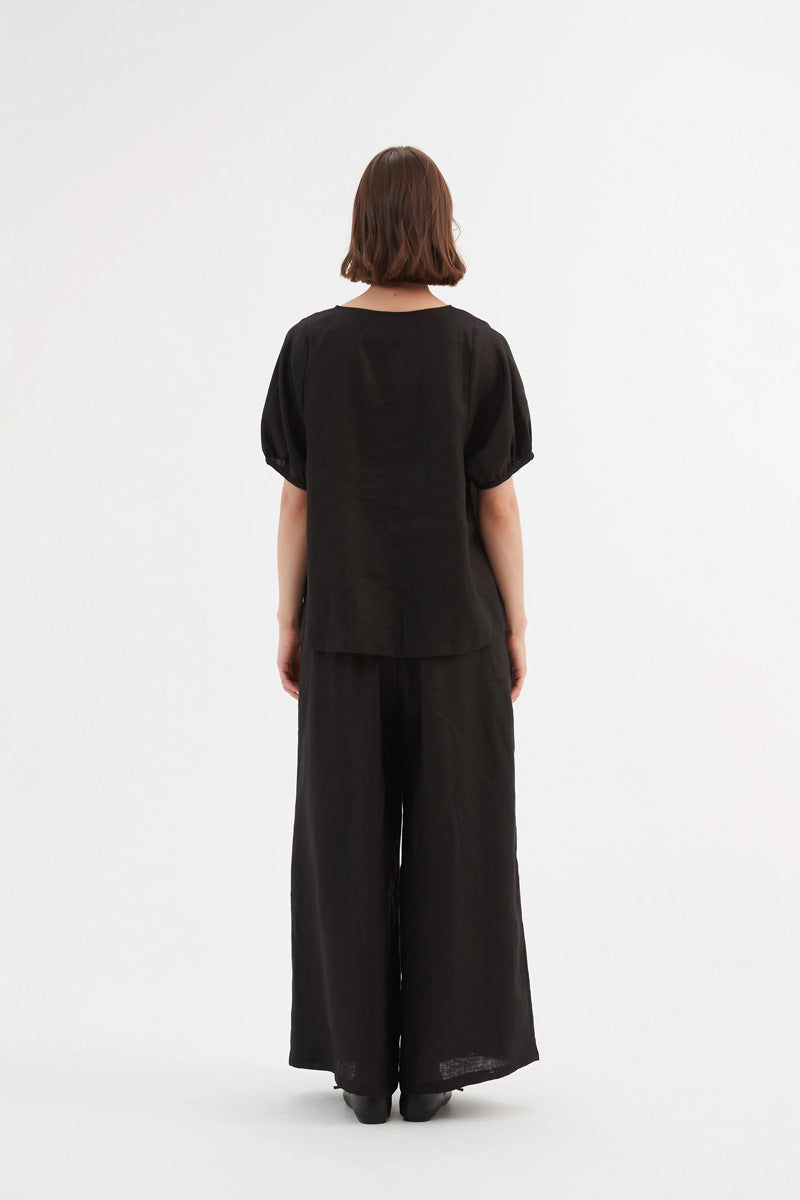 TIRELLI Pleat Front Palazzo Linen Trousers Black