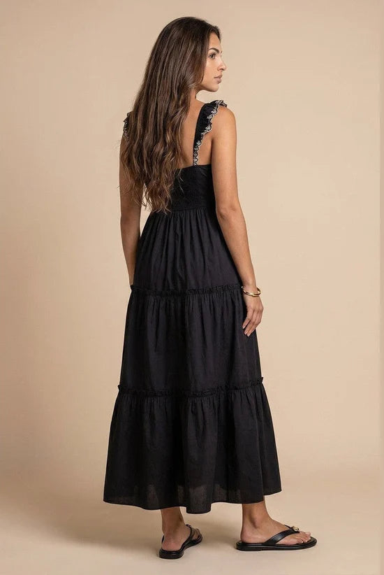 Broidery Ruffle Strap Tier Dress Black