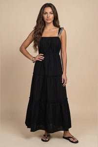 Broidery Ruffle Strap Tier Dress Black