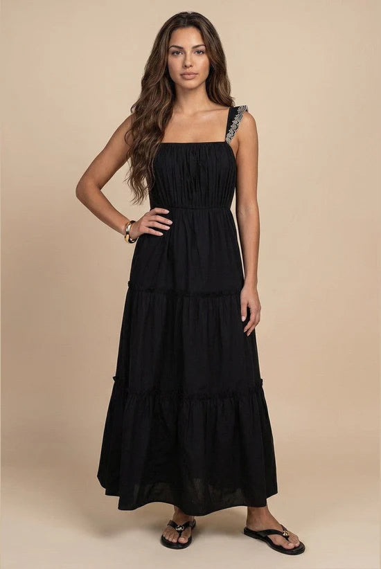Broidery Ruffle Strap Tier Dress Black
