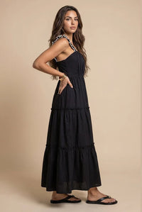 Broidery Ruffle Strap Tier Dress Black