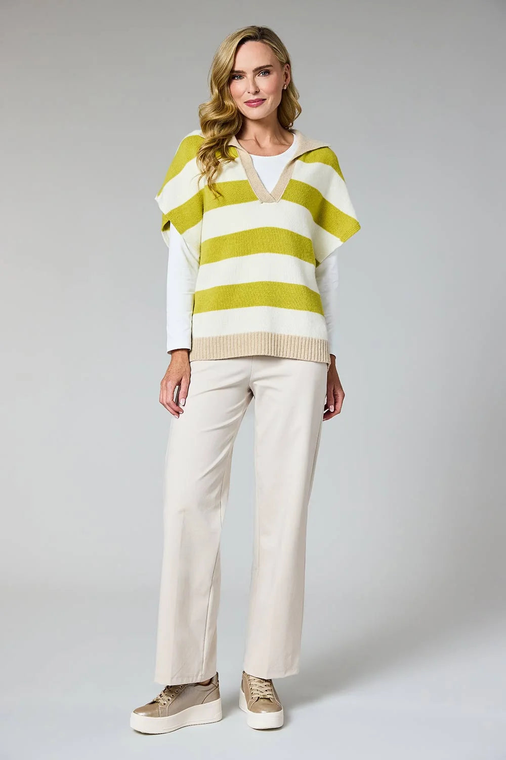 DECK V Neck Striped Sweater Winter White/Taupe