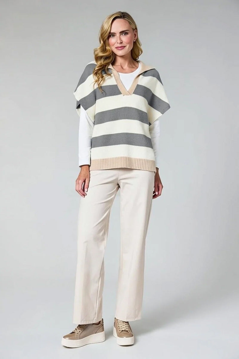 DECK V Neck Striped Sweater Winter White/Grey