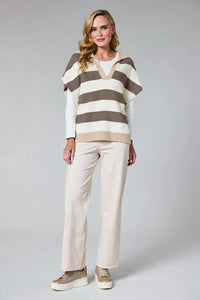 DECK V Neck Striped Sweater Winter White/Taupe