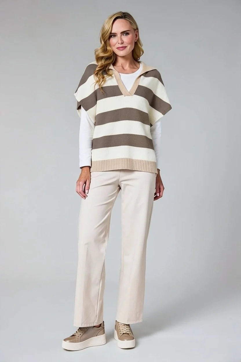 DECK V Neck Striped Sweater Winter White/Taupe
