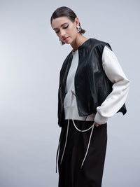 HAAKO Faux Leather Puffball Gilet-Black